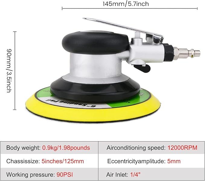 6 inch Pneumatic Orbital Sander, Action Air Sander with Hook and Loop Sanding Pad for Woodworking, Autobody Work(Silver)