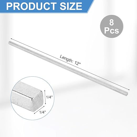 uxcell 8Pcs Square Steel Key Stock, 1/4" x 1/4" x 12" Cold-Drawn 45# Steel Bars Precision Key Stock for Gearbox Coupling, Silver Tone