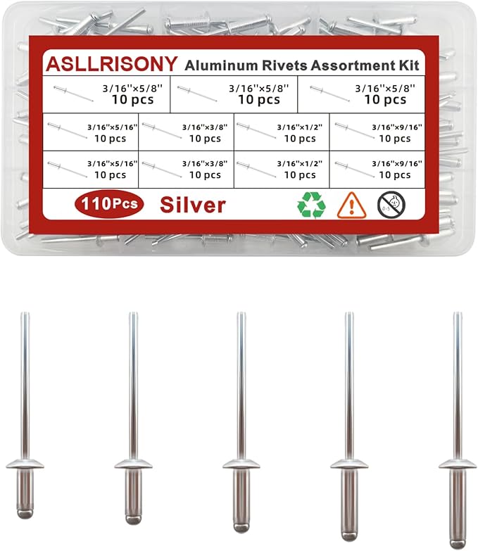110Pcs Silver 3/16" Pop Rivets Assortment Kit,5 Sizes Aluminum Rivets,Aluminum blind pro Rivets for DIY/Metal/Furniture/Instruments