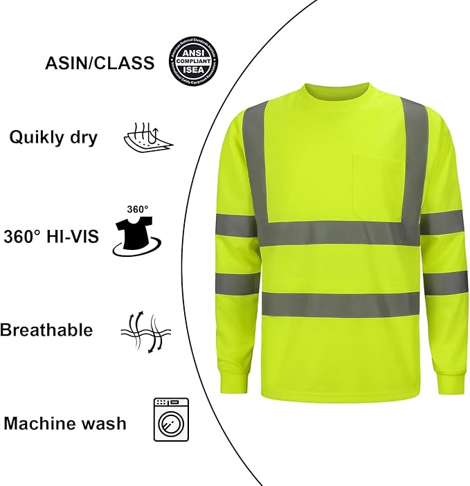 High Visibility Class 3 T Shits, Hi vis Safety Shirts with Reflective Strips and Pocket, Long Sleeve Quick Dry Mesh Construction Work Shirt for Men/Women Lime.Small