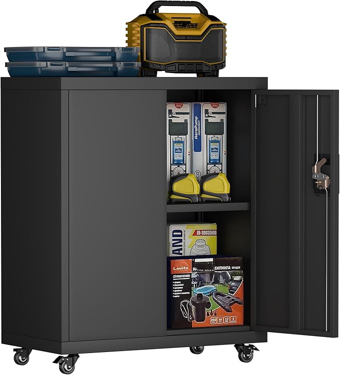 Metal Garage Storage Cabinet with Wheels,31.89" H Steel Lockable Cabinet with 2 Doors and 1 Adjustable Shelf, Small Rolling Cabinets for Home Office, Garage, Black