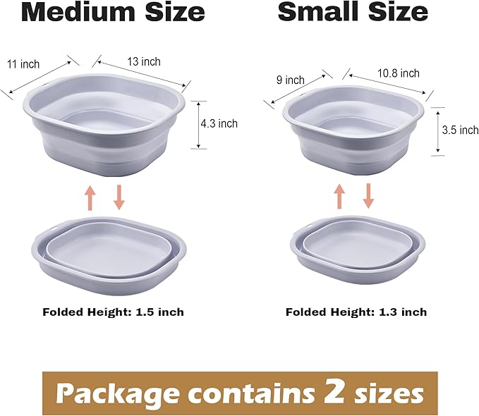 Collapsible Wash Basin Set of 2, Foldable Small Medium Size Wash Basin, Portable Plastic Basins for Laundry, Bottles, Travel, Camping (Light Blue)