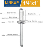 Linkup 50pcs pack 1/4" x 1" Pop blind Rivets, 6.4mm x 25mm pop rivets,Aluminum Body Steel Mandrel Rivets (Sliver),Dome Head aluminum rivets