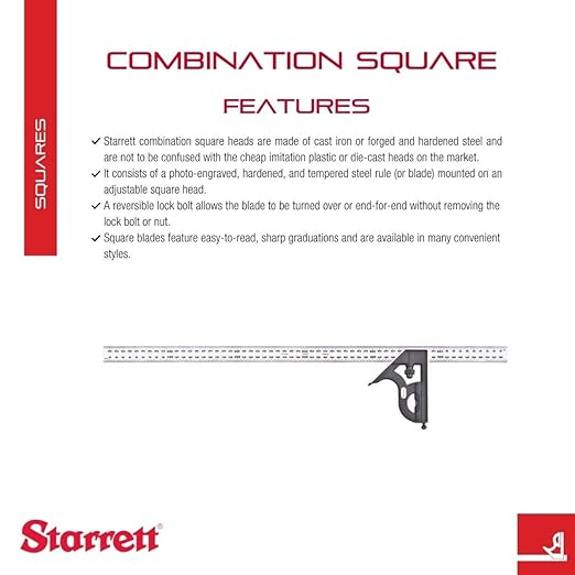 Starrett Steel Combination Square with Square Head - 600mm Blade Length, Cast Iron Heads, Hardened Steel, Reversible Lock Bolt, Scriber, Spirit Level, 4R Graduation Type - 11MH-600