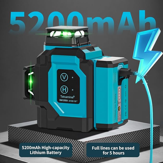 Takamine Laser Level 360 Self Leveling, 3x360° Cross Line Lazer Leveler Tool for Construction and Picture Hanging, 3D 12 Lines Green Laser Level with Rechargeable Lithium Battery, APP Control