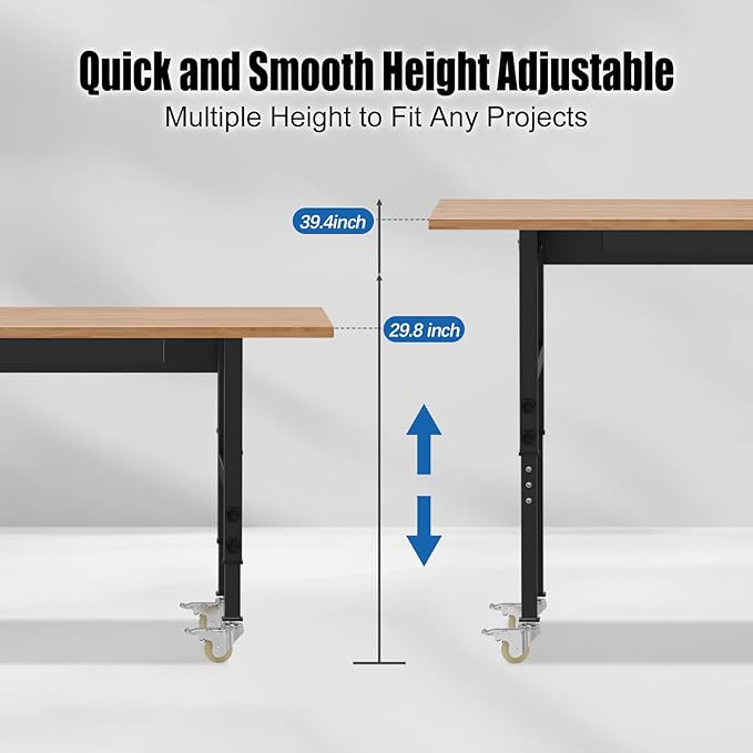 70” Heavy-Duty Solid Wood Work Bench Work Table with Wheels, Adjustable Height Portable Workbench with Power Outlets & Pegboard, 3000 Lbs Capacity Workstation for Garage, Workshop