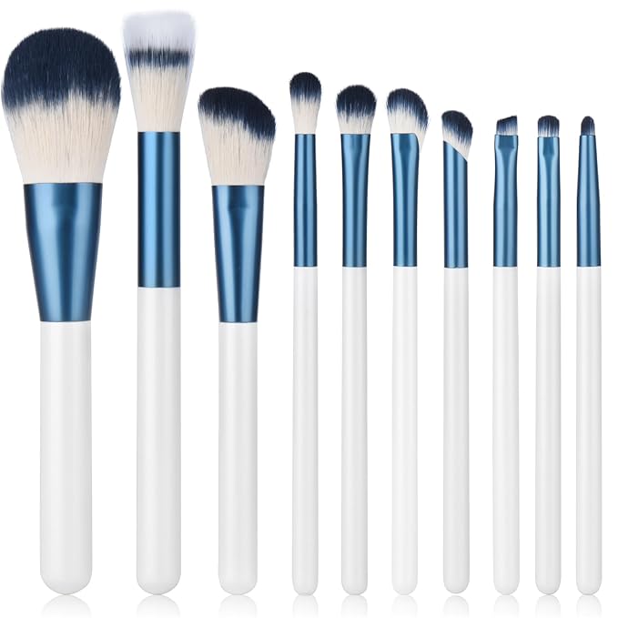 Makeup Brushes Set With Case 10Pcs White Makeup Brush Kit Foundation Eyeshadow Powder Blending Kabuki Eyebrow Eyelash Brushes Cosmetic Brush Travel Kit Gift (White+Blue)-VeraVaultWomen
