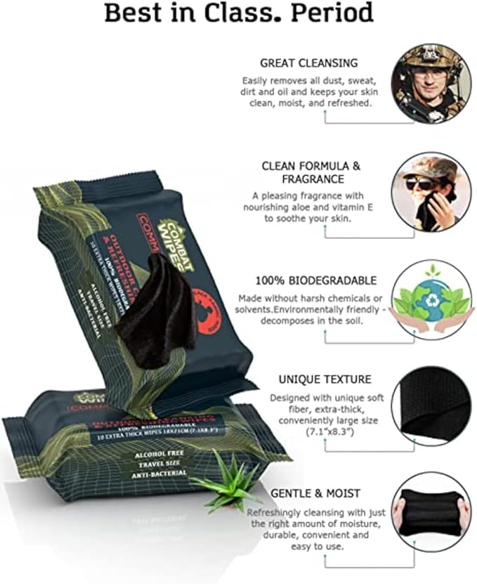 Black Unscented Camouflage Wet Wipes - Combat Wipes COMMANDO - Thick, Biodegradable, Heavy Duty Cleansing Cloths for Camping, Military, Hunting & Backpacking w/Aloe & Vitamin E (1 Pack, 25 wipes).