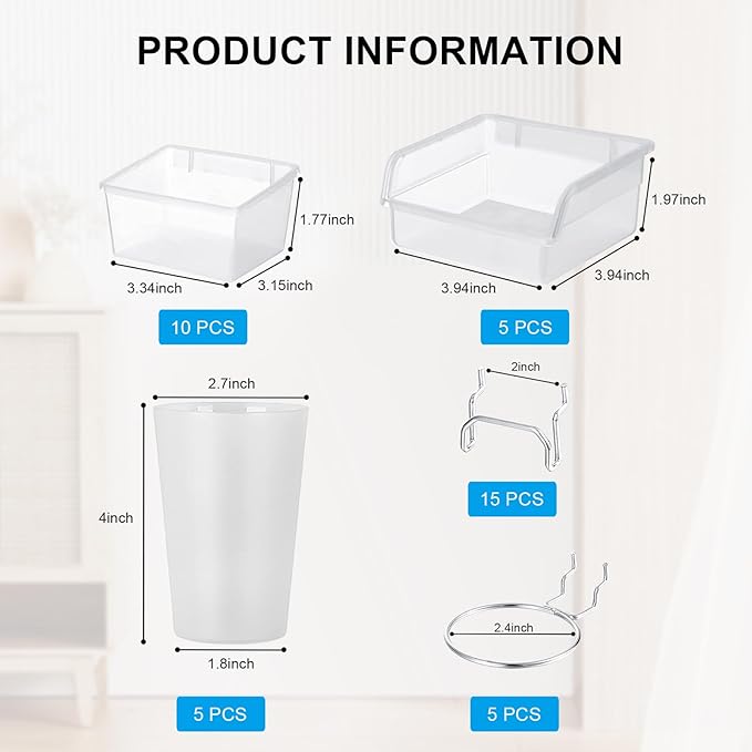 20 PCS Pegboard Cups Pegboard Bins Set, Pegboard Wall Organizer with Hooks and Loops, Pegboard Wall Containers Clear Peg Hooks Assortment Organizer Accessory for Garage Storage