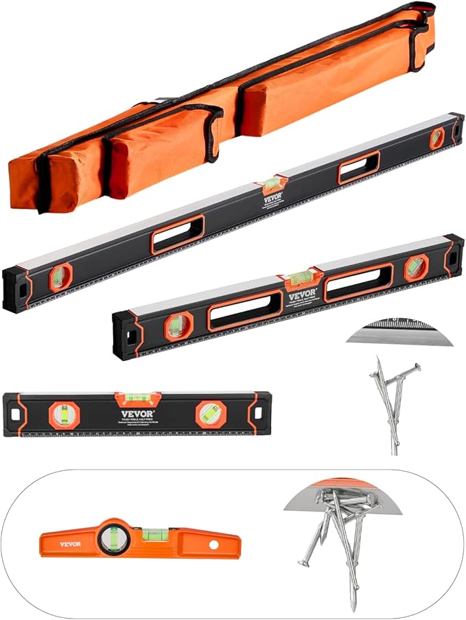 VEVOR 4-Piece Torpedo Level, 48/24/16/10 Inch Box Levels Set, Fluorescent Light Up Bubble Vials Ruler for 45/90/180 Degree, Aluminum Alloy Magnetic Leveler Tool, Shock-Proof(Only 10-inch has magnetic)