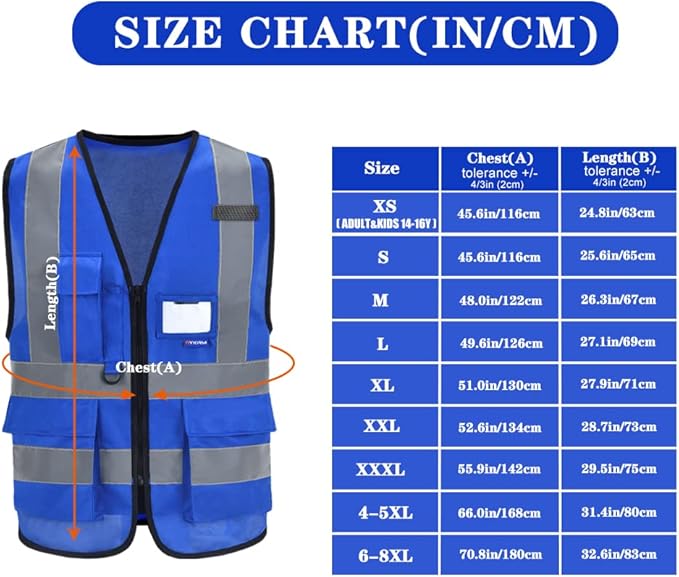 Big and Tall Blue Safety Vest 6xl 7xl 8xl Reflective Work Vest blue 7 Pockets,6XL-8XL