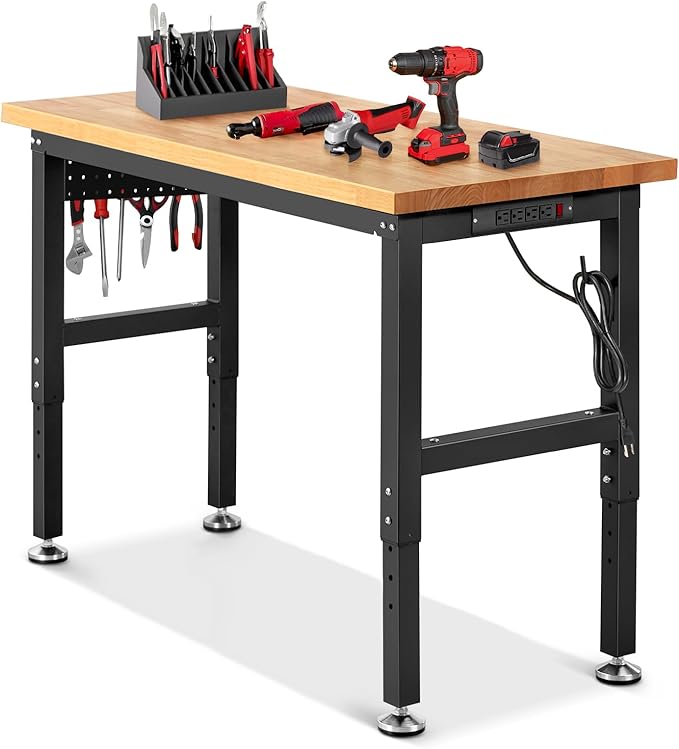 Work Bench for Garage Workbench with Pegboard Adjustable Height Work Table for Shop Woodworking, 48 x 20 Heavy Duty Rubber Wood Top for Office, Home, Commercial