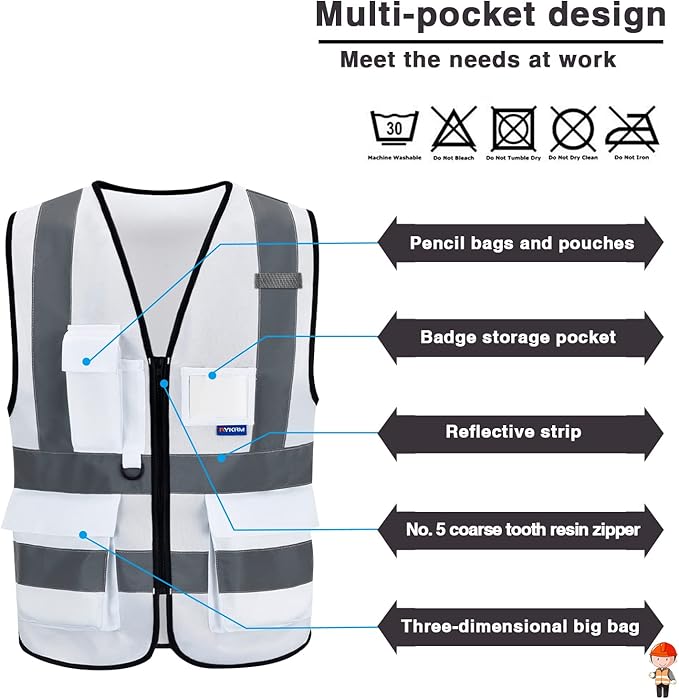 A-SAFETY Hi Reflective Safety Vest,Hi Vis Bright Neon Colors Safety Vest with 4 Reflective Strips 7 Pockets(White XXL)