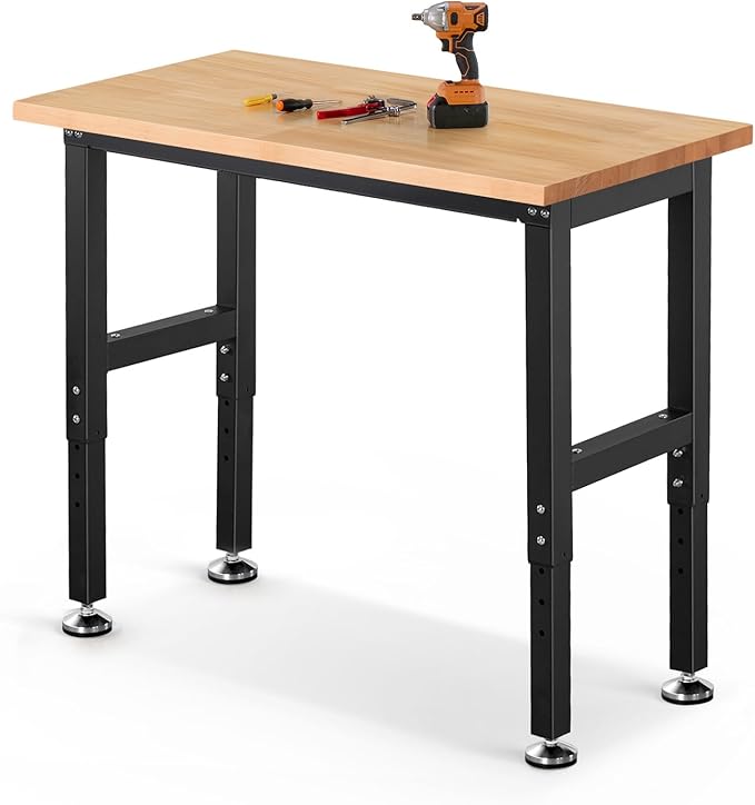 Work Bench 41 Inch Workbench for Garage Adjustable Height Heavy Duty Work Table Rubberwood Tabletop for Cutting Wood Shop Home Office Electronic Woodworking