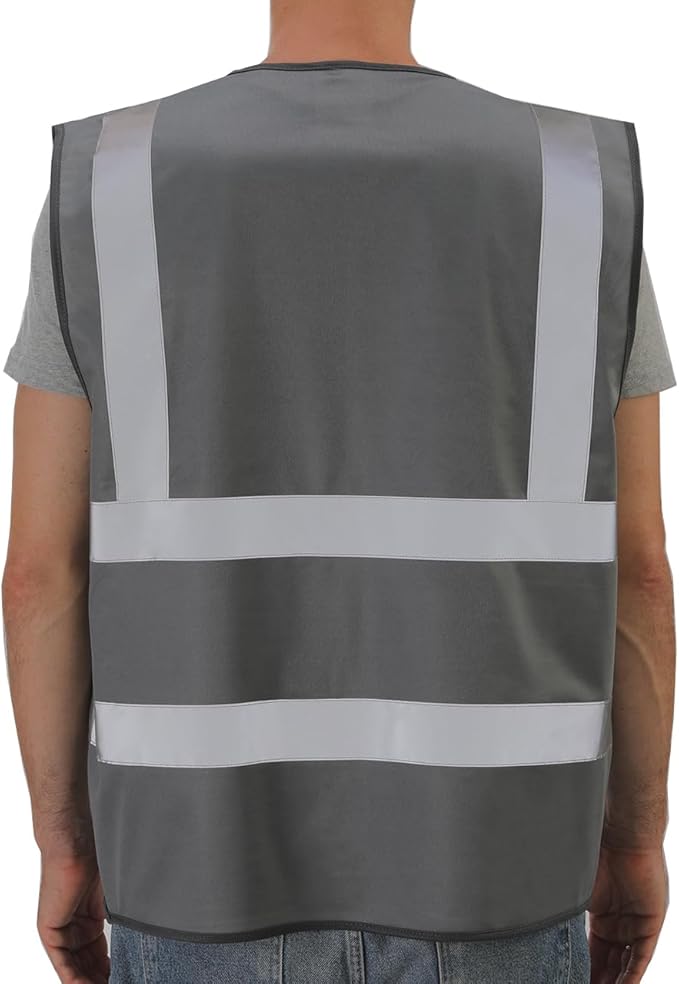 Dib Safety Reflective Vest High Visibility with Pockets and Zipper, Gray L