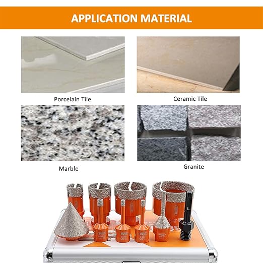 Diamond Core Drill Bit Kit BGTEC Diamond Hole Saw Tile Cutter for Porcelain Tile Ceramic Marble Brick Granite Stone, 5/8"-11 Thread 6/6/8/25/35/50/65mm+6-25mm Finger Chamfer Bit+SDS Adapter