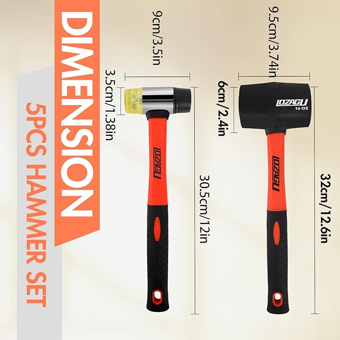 2-Pack Rubber Mallet Hammer Set, 16oz & 35mm Tool for Flooring, Tent Stakes, Woodworking, Camping, Crafts, Jewelry Wood