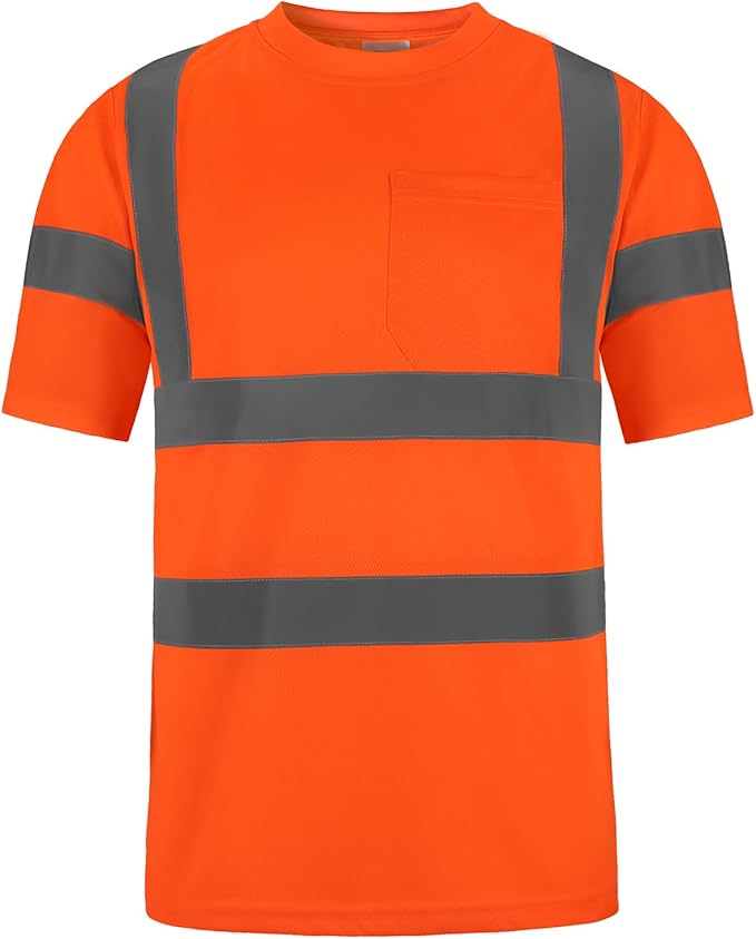High Visibility Class 3 T Shirts，Hi Vis Safety Shirts with Reflective Strips and Pocket, Short Sleeve Quick Dry Mesh Construction Work Shirt for Men/Women Orange,Small