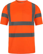 High Visibility Class 3 T Shirts，Hi Vis Safety Shirts with Reflective Strips and Pocket, Short Sleeve Quick Dry Mesh Construction Work Shirt for Men/Women Orange,Small
