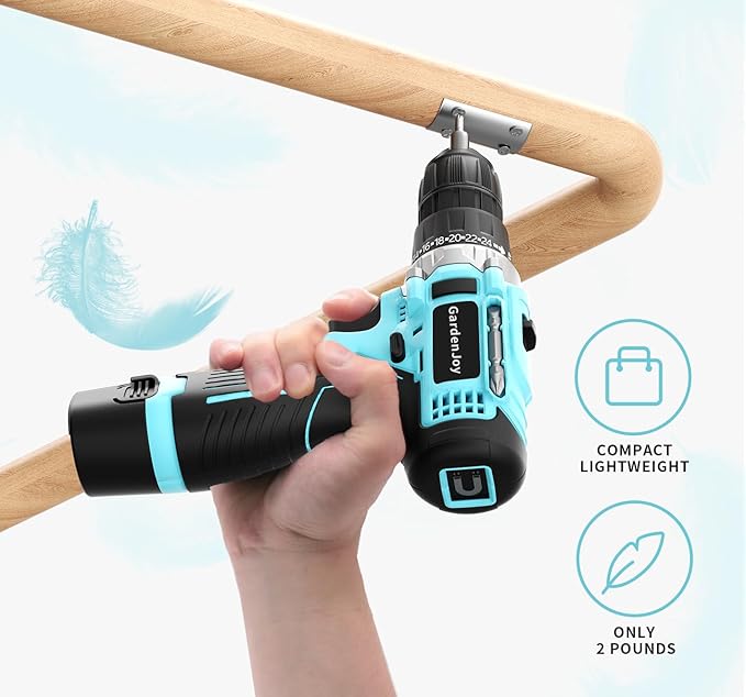 GardenJoy Cordless Power Drill Set: 12V Electric Drill with Battery and Charger, 65pcs Acessories, 3/8"Keyless Chuck, 2 Variable Speed, 24+1 Position, Compact Drill Driver Kit for Home & DIY Project