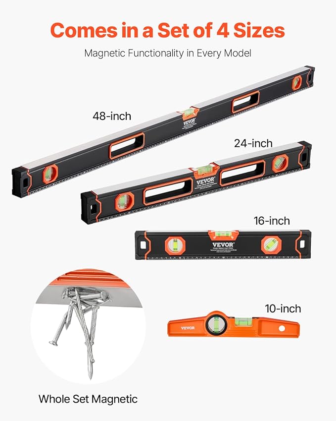 VEVOR 4-Piece Torpedo Level, 48/24/16/10 Inch All Magnetic Levels Set, Fluorescent Light Up Bubble Vials Ruler for 45/90/180 Degree, Aluminum Alloy Magnetic Box Leveler Tool, SAE and Metric Scale