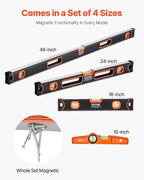 VEVOR 4-Piece Torpedo Level, 48/24/16/10 Inch All Magnetic Levels Set, Fluorescent Light Up Bubble Vials Ruler for 45/90/180 Degree, Aluminum Alloy Magnetic Box Leveler Tool, SAE and Metric Scale