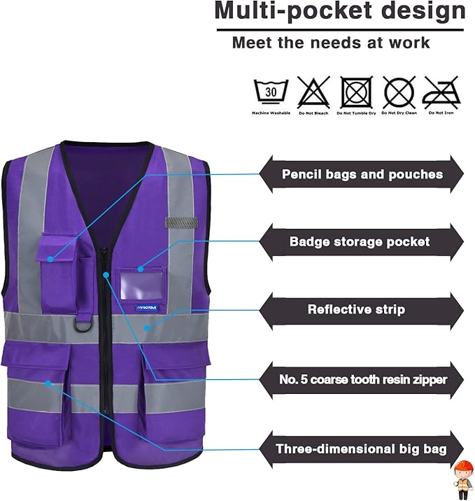 A-SAFETY Purple High visibility vest,Reflective Safety Vest Workwear 7 Pockets Hi Vis Durable Vest with Reflective Tapes 4 Lower Pockets