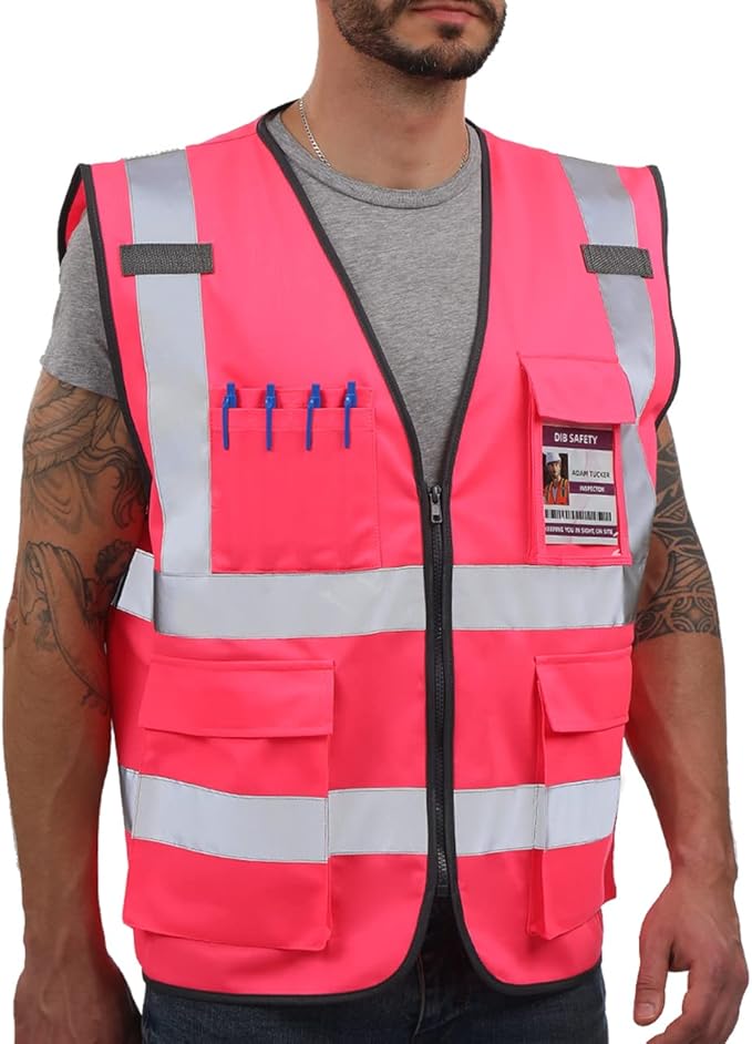Dib Safety Reflective Vest High Visibility with Pockets and Zipper, Pink XS
