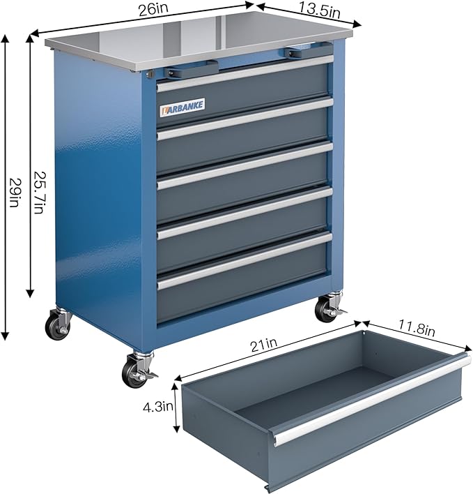 5-Drawer Rolling Tool Chest,Tool Chest on Wheels and Keyed Locking System,Tool Cabinet with Stainless Counter Top and Drawer Liners,Special Link Buckle for Connecting,for Home,Garage