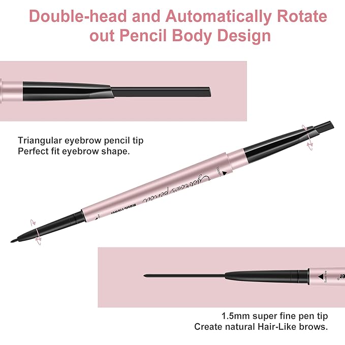 1-Pack Eyebrow Pencil, Brow Pen Dual-ends Thick & Fine Tip Retractable Waterproof Long-lasting Natural Eye Brows Makeup with Eyebrow Trimmer (Black)