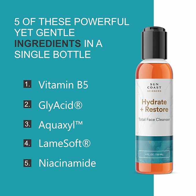 SUN COAST SCIENCES - Hydrate + Restore Total Face Cleanser, Vitamina B, Hydrating Facial Cleanser With Niacinamide for All Skin Types - 4 fl oz-VeraVaultWomen