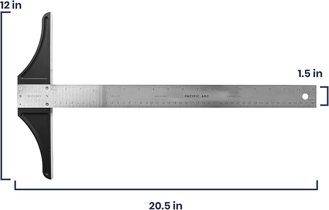 Pacific Arc 18 Inch T Square, Traditional Stainless Steel, Graduated Inch and Metric