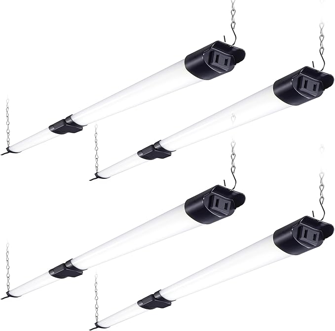 PARMIDA (4 Pack) Linkable LED Utility Shop Light, 45W, 3FT Integrated Fixture ETL 4500LM Plug-in Garage Lighting On/Off Switch, Surface or Suspension Mount for Basement Workshop Office, Black - 5000K