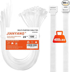 Long Zip Ties Heavy Duty 24 inch，400 LBS Tensile Strength With Double Sided Toothed Super Durable Cable Ties ，Extra Large Wire Ties Adjustable Nylon Tie Wraps for Indoor Outdoor （100 Pack White）