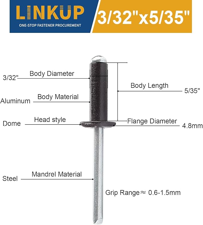 Linkup 300pcs pack 3/32" x 5/32" Black pop blind Rivets, 2.4mm x 4mm Black pop rivets,Aluminum Body Steel Mandrel Rivets (Black),Dome Head aluminum rivets