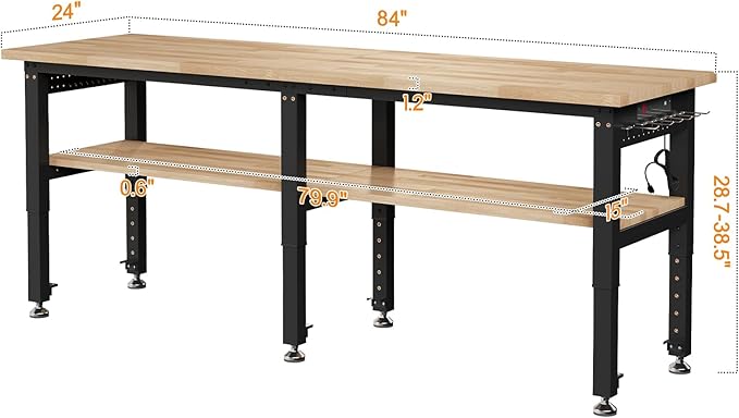 SPECRAFT Adjustable 2-Tier Workbench with 4 AC Outlet and 2 USB Ports Power Outlets, 2000 Lbs Capacity Heavy Duty Workbench, Rubber Wood Top for Garage, Workshop, Office（84x20in）