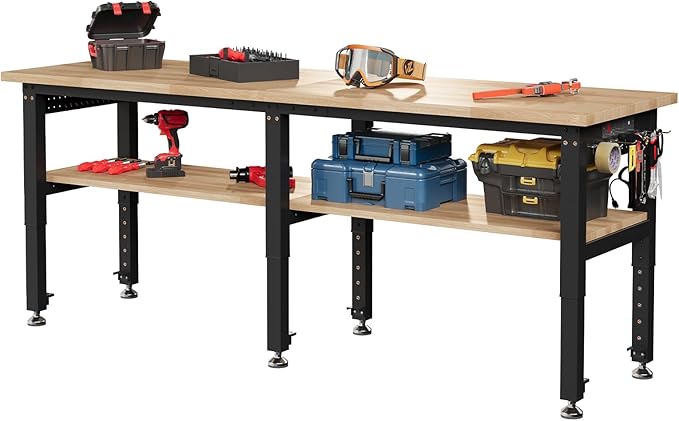 SPECRAFT Adjustable 2-Tier Workbench with 4 AC Outlet and 2 USB Ports Power Outlets, 2000 Lbs Capacity Heavy Duty Workbench, Rubber Wood Top for Garage, Workshop, Office（84x20in）