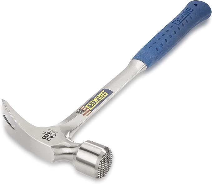 ESTWING Framing Hammer - 28 oz Long Handle Straight Rip Claw with Milled Face & Shock Reduction Grip - E3-28SM, Blue