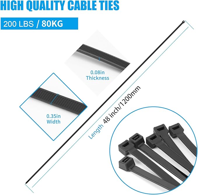 Black 48 inch Cable Zip Ties Heavy Duty 50 Pack, 200lbs Ultra Exclusive Strong Plastic Wire Ties, Large Cable Ties Extra Long Tie Wraps, Indoor and Outdoor UV Resistant