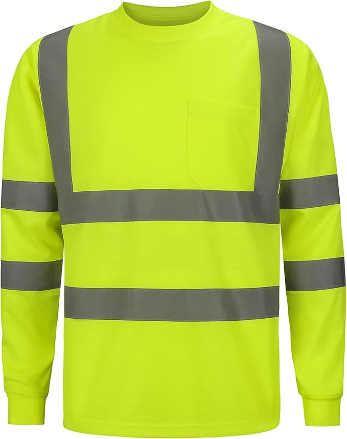 High Visibility Class 3 T Shits, Hi vis Safety Shirts with Reflective Strips and Pocket, Long Sleeve Quick Dry Mesh Construction Work Shirt for Men/Women Lime.Small