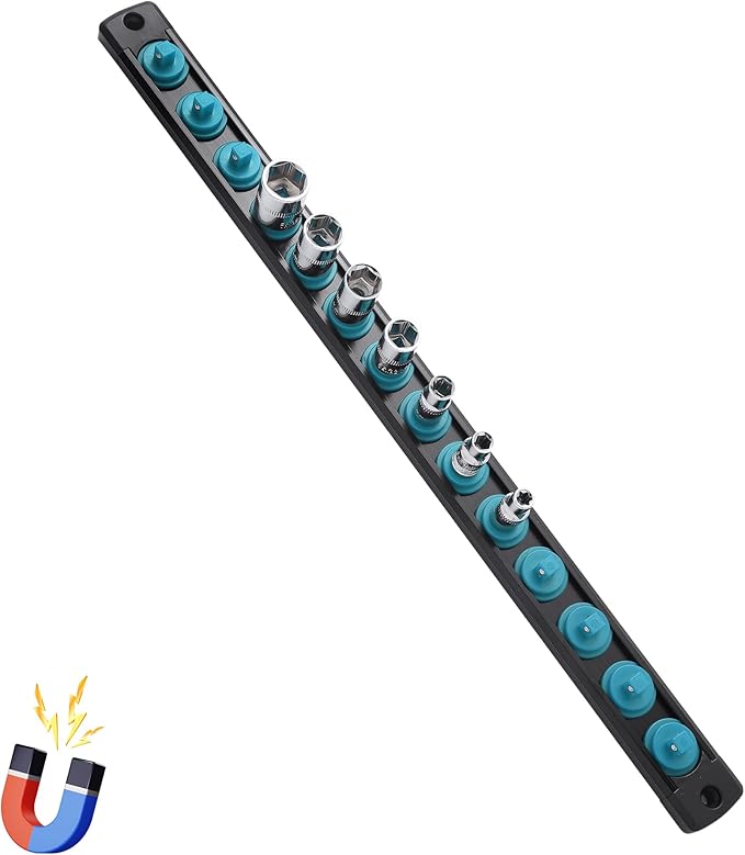 1/4-Inch Drive Magnetic Socket Organizer, Heavy Duty Aluminum Socket Rail Organizer, 360° Swivel Clips Socket Holder Kit for Tool Box, 1/4-Inch Socket Holder x 14 Clips (Aqua Blue)