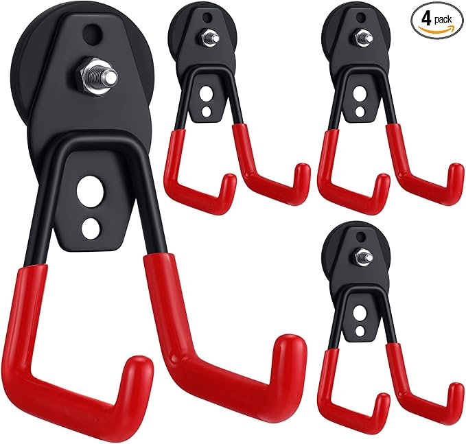 Landhoow Large Magnetic Hooks Heavy Duty Garage Magnet Hooks Strong Storage Utility Magnetic Hangers with Anti Slip Rubber Coating for Indoor and Outdoor Hanging(Red,4 Pcs)