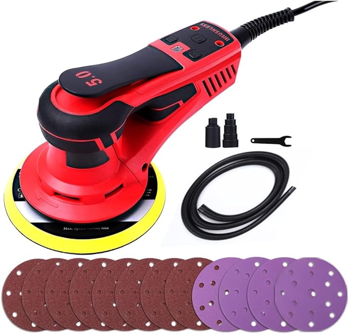 Electric Random Orbital Sander,PioneerWorks Brushless Motor,Powerful 350W & Low Vibration Palm Sander,10000 RPM Variable Speed,6-Inch For Woodworking, Polishing,Carpentry