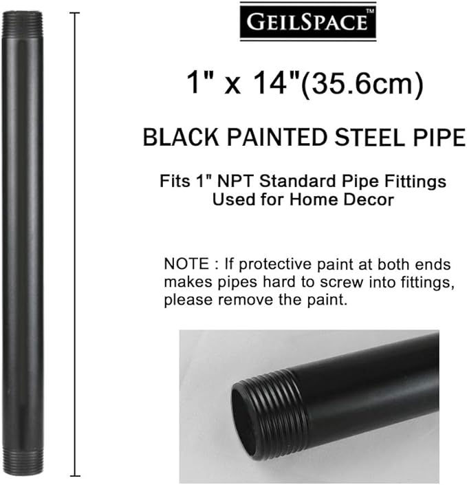 GeilSpace 1"× 14" Pre-Cut Black Metal Pipe, Industrial Steel Fits Standard One Inch Black Threaded Pipes and Fittings - Vintage DIY Industrial Shelving (1" × 14")