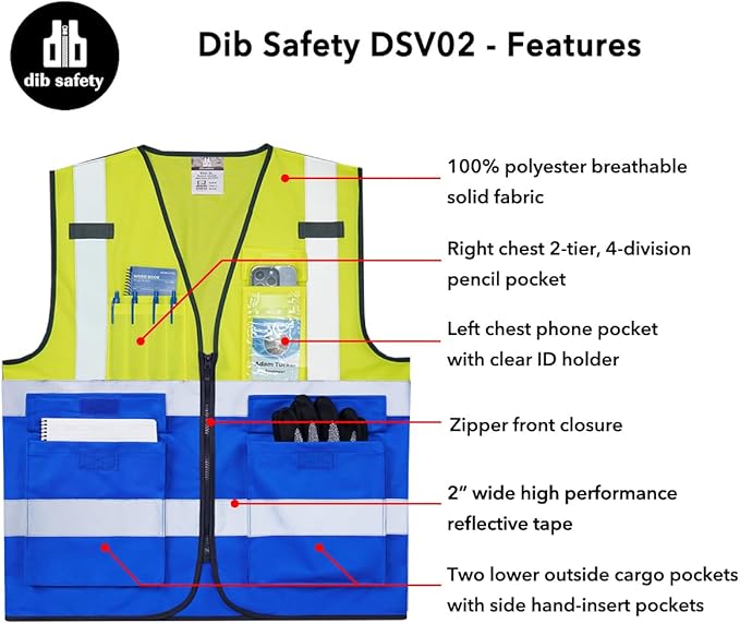 Dib Safety Reflective Vest High Visibility with Pockets and Zipper, Yellow and Blue 3XL