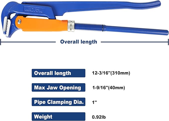 Swedish Pattern Type A pipe Wrench: Size 1" with 40 mm Max Jaw Opening, 12 inch x 90 Degree Angle Corner Pipework, Red Lacquered Finish