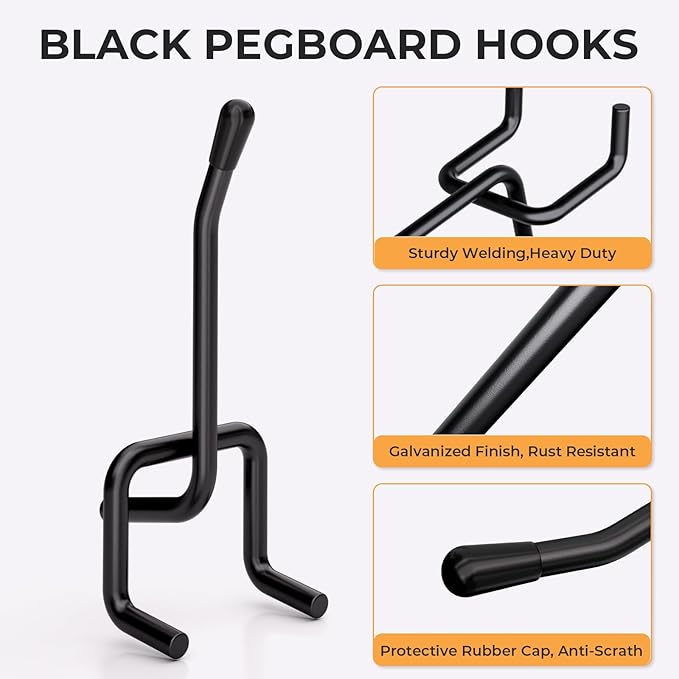 INCLY 50 Pack Black Pegboard Hooks, 2 Inch Metal Peg Board Hooks Accessories, Peg Board Tool Hangers Fit for 1/8“ and 1/4" Pegboard Hanging Tools for Garage, Craft Room, Kitchen, Store