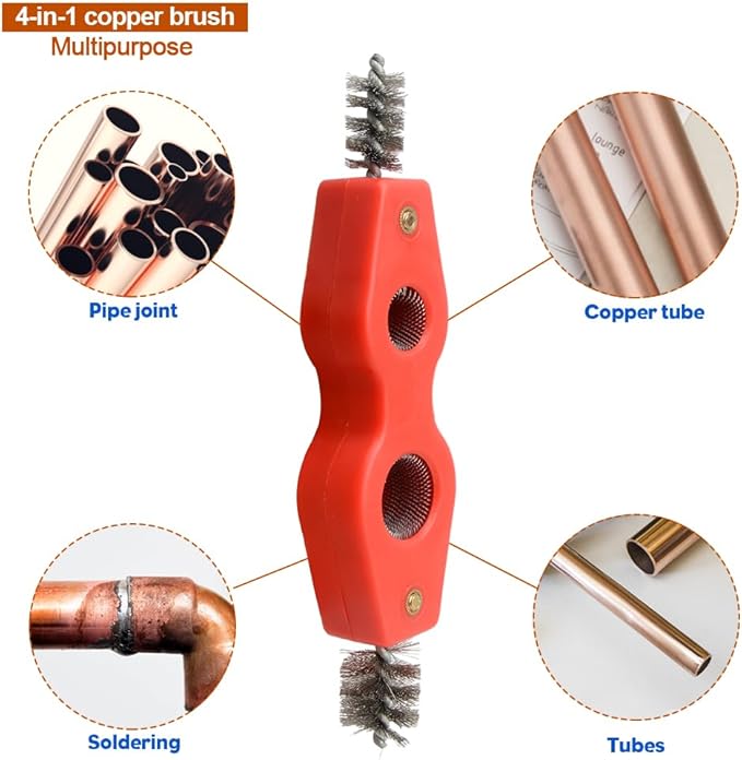 Copper Pipe Cleaner and Reamer Set, 4 in-1 Copper Tubing Brush Pipe Inside and Outside Wire Brush, Copper Pipe Deburring Tool for Soldering, Copper Pipes, Tubes, Pipe Deburring - Red