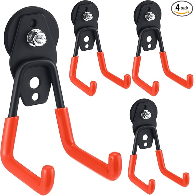 Landhoow Large Magnetic Hooks Heavy Duty Garage Magnet Hooks Strong Storage Utility Magnetic Hangers with Anti Slip Rubber Coating for Indoor and Outdoor Hanging(Orange,4 Pcs)