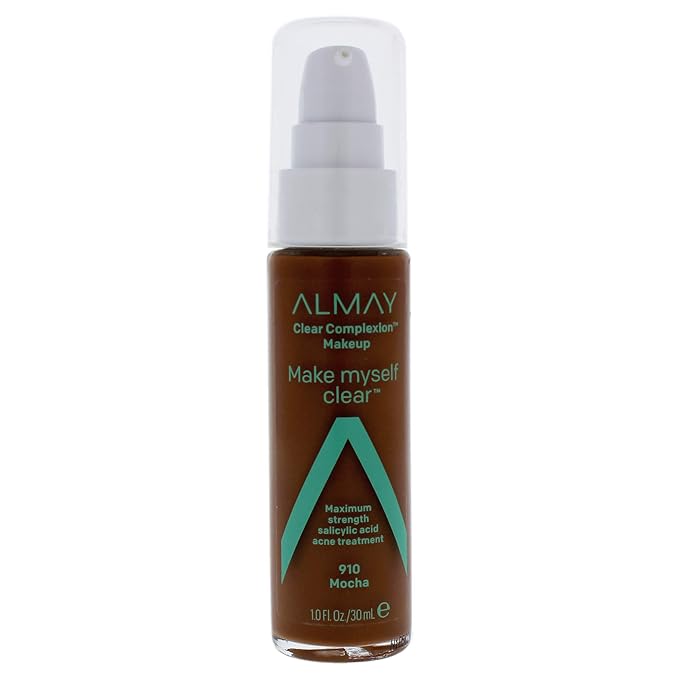 Almay Clear Complexion Makeup, Matte Finish Liquid Foundation with Salicylic Acid, Hypoallergenic, Cruelty Free, -Fragrance Free, Dermatologist Tested, 910 Mocha, 1.0 oz-VeraVaultWomen